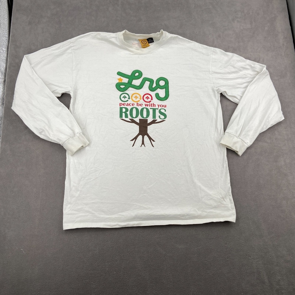 Vintage Y2K LRG Peace Be With You Roots T Shirt Mens 2XL White Graphic Skater